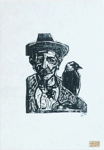 Man With Jackdaw Woodcut  by Billy Childish