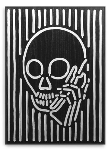 Skullphone Neon Painting (Black Stained Oak Wood Panel) by Skullphone