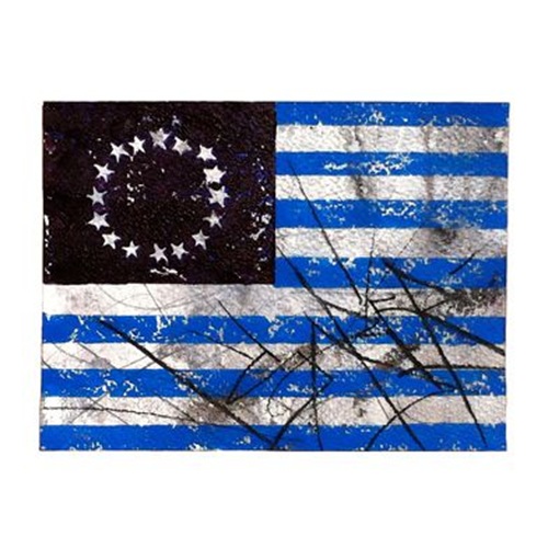 Large Lino Flag Triptych (Blue) by Saber