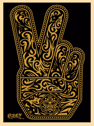 Peace Fingers (Gold) by Shepard Fairey