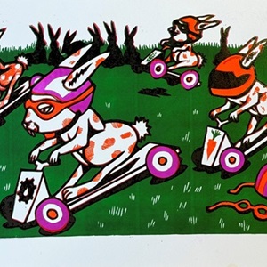 Elphant Racing A Rabbit Racing Rabbits by Jim Pollock Editioned artwork | Art Collectorz