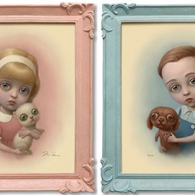 Girl With A Kitten / Boy With A Puppy Print Set by Marion Peck