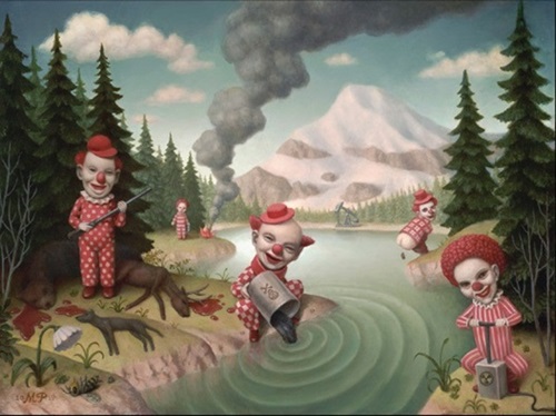 Red Clowns In A Landscape  by Marion Peck