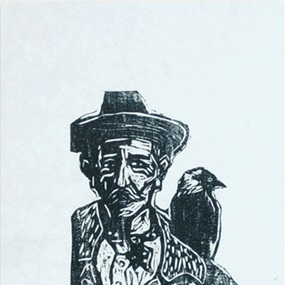 Man With Jackdaw Woodcut by Billy Childish