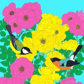 Bullfinch, Great Tit And Roses by Robin Duttson