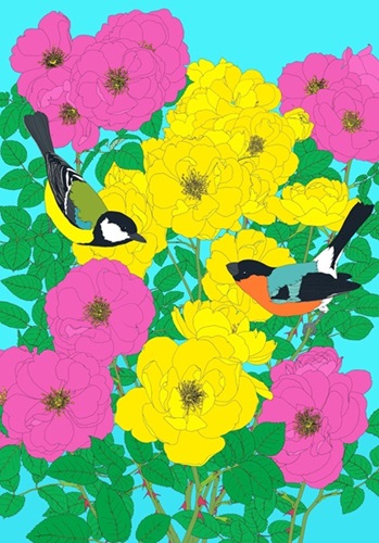 Bullfinch, Great Tit And Roses  by Robin Duttson