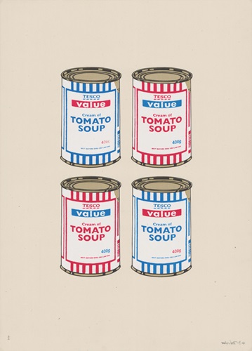 Four Soup Cans (Red & Blue On Cream - Artist Proof) by Banksy