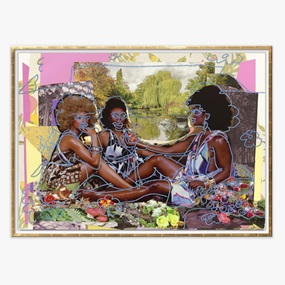 Le Déjeuner sur l’herbe: les trois femmes noires avec jardin d’eau by Mickalene Thomas